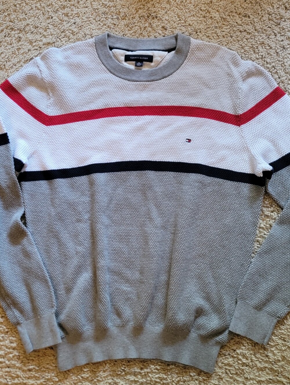 Tommy Hilfiger | Mens 100% Cotton Knit Stripe Logo Crew Neck Sweater Top XL